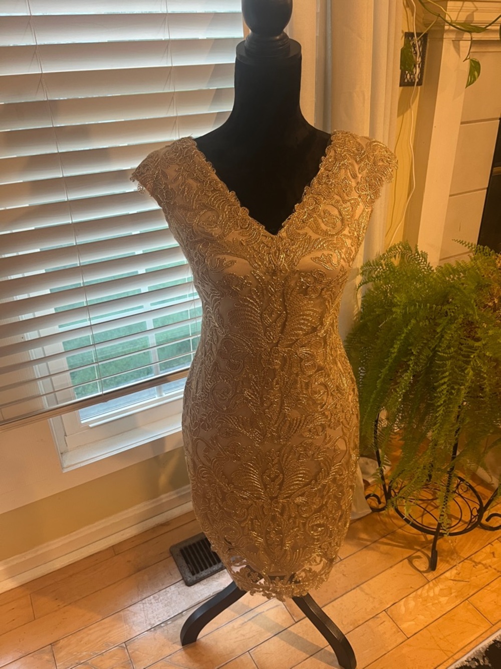 Tadashi Shoji Gold Embroidered V-Neck Mini Dress